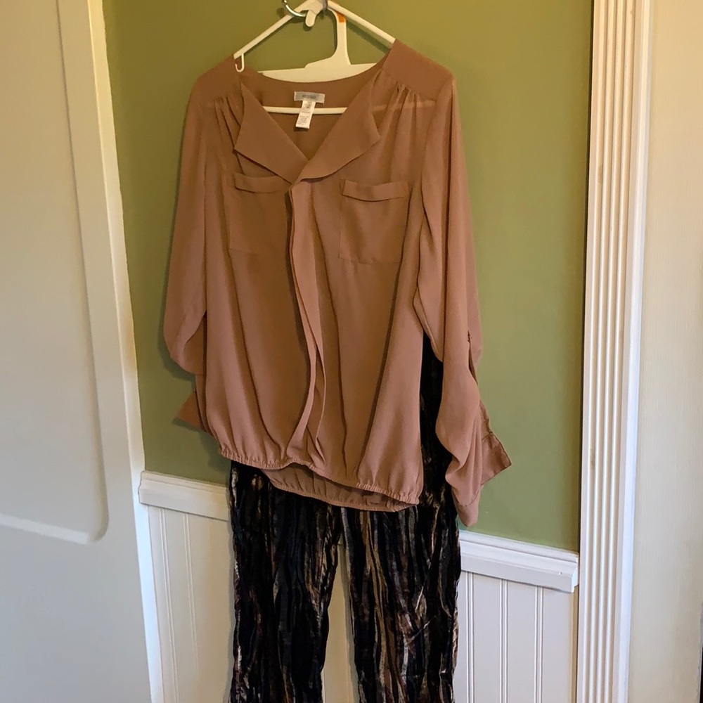 Outfit -Sheer nude top and Lt. Wt. velvet pants!